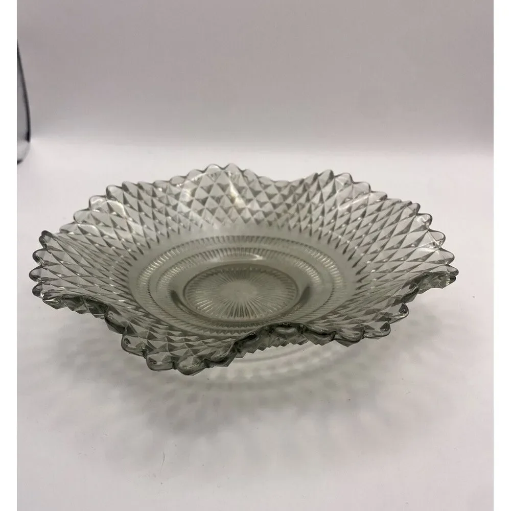 Indiana Glass Clear/Gray Diamond Point Cut Glass‎ Round Candy Dish Ruffled Edge